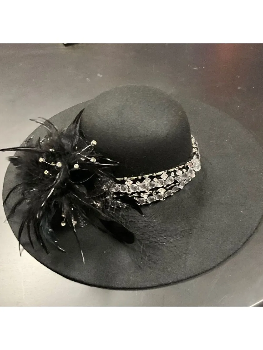 Black Felt Wide Brim Silver Feather Embellished Hat